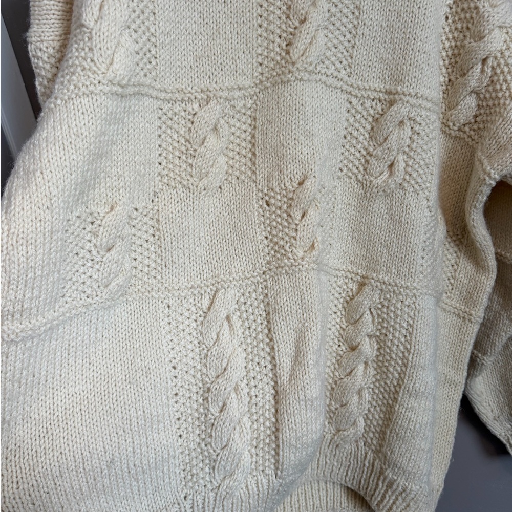 Butter Cream Yellow Hand Knit Wool Cable Patchwork Sweater XL - Picture 6 of 8
